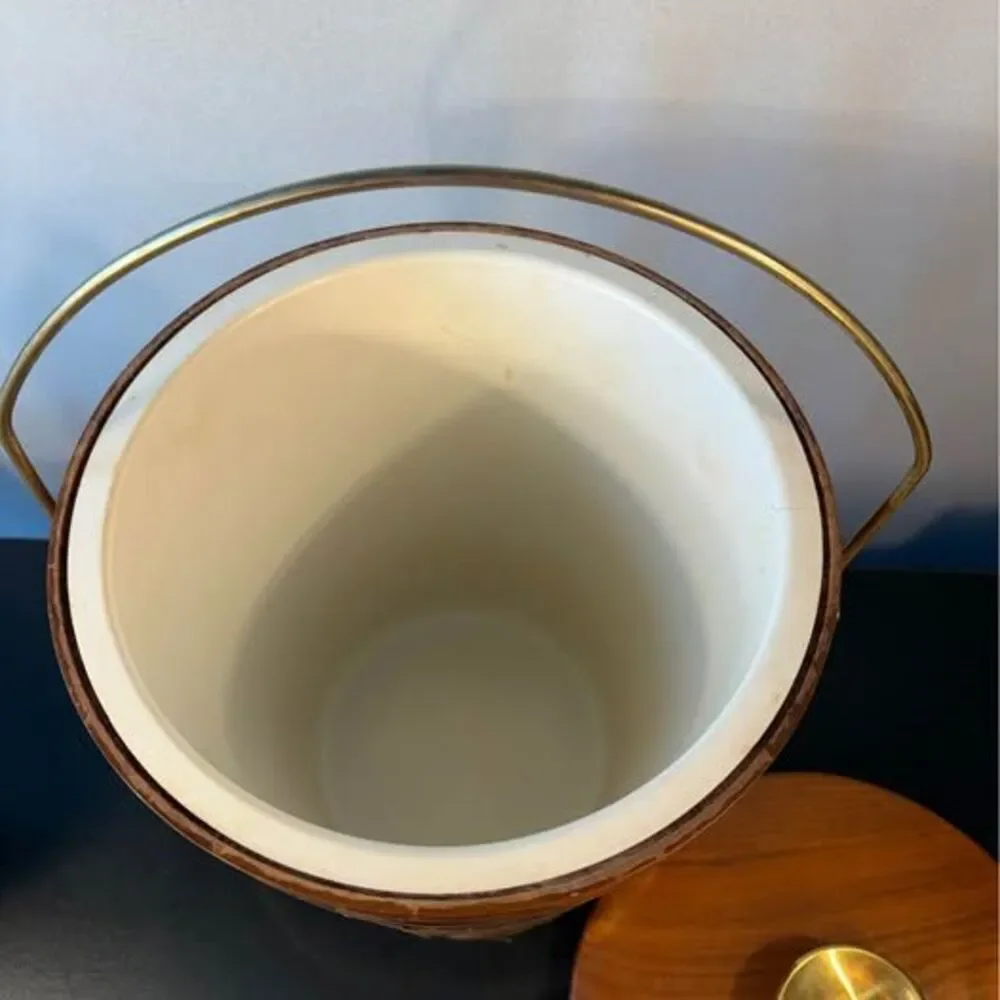 Vintage Mid Century Modern Teak Ice Bucket Brass Bands MCM Barware Barrel